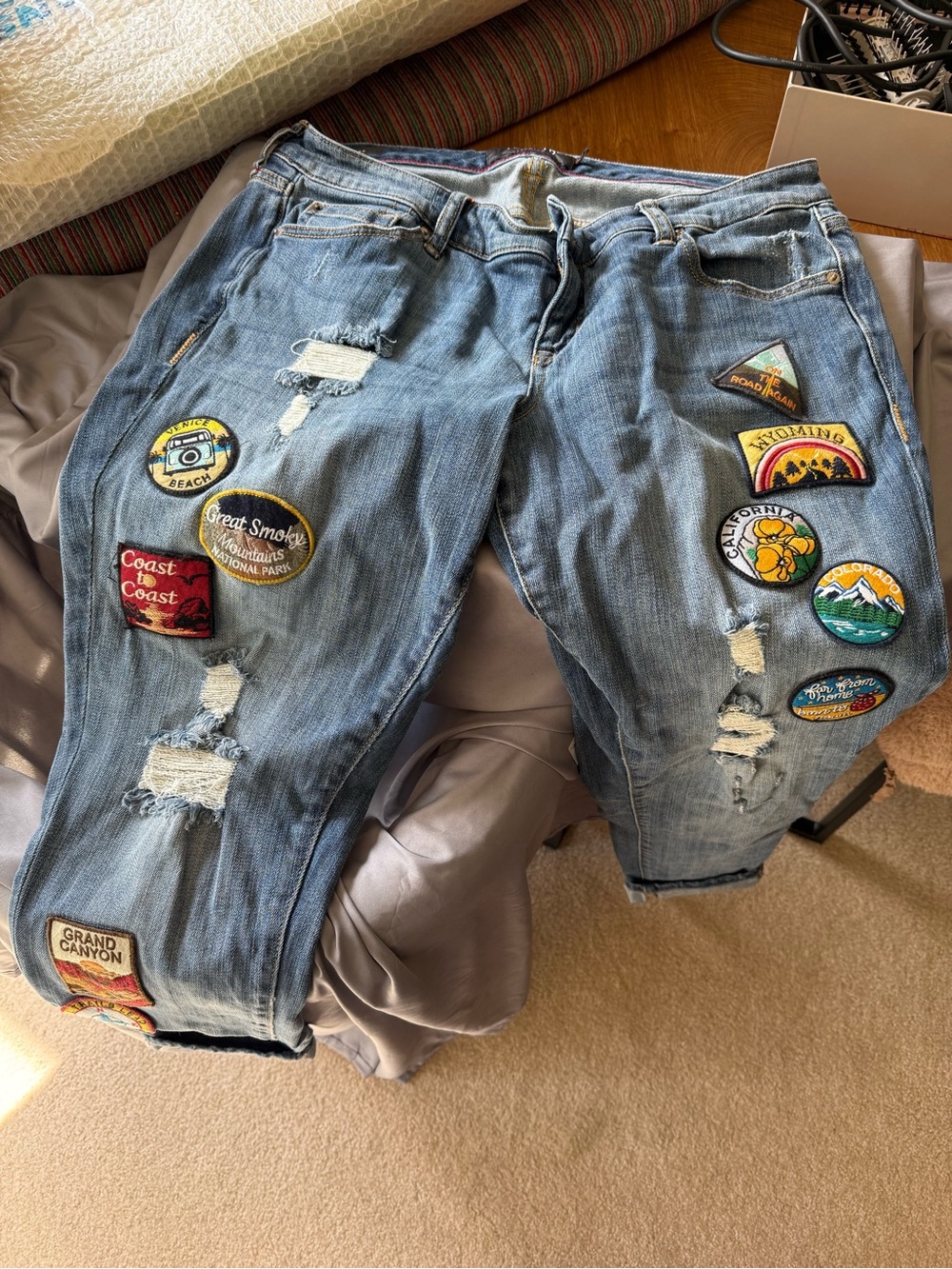 torrid Blue Distressed Boyfriend Jeans with Colorful Travel Patches